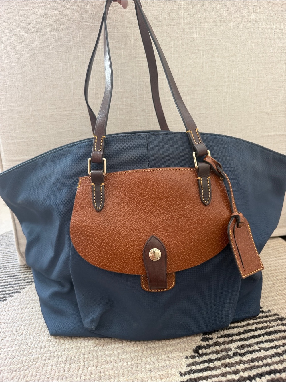 Dooney & Bourke Navy and Brown Leather-Trim Tote